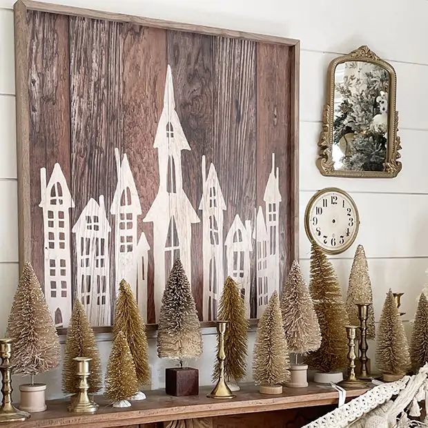 Wall Art: Village Silhouette Vertical Planking Distressed Whitewash