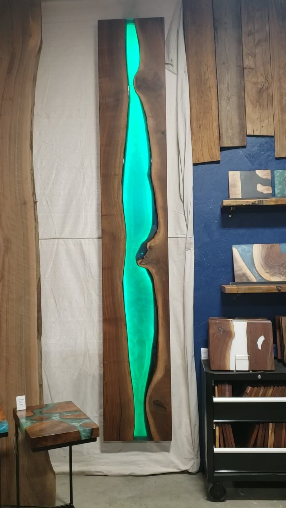 Wall Art with Neon Green Glow and Backlit Resin River Design