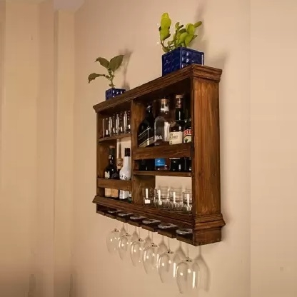 Wall Bar Cabinet: Decorative Crown Molding with Tiered Shelves