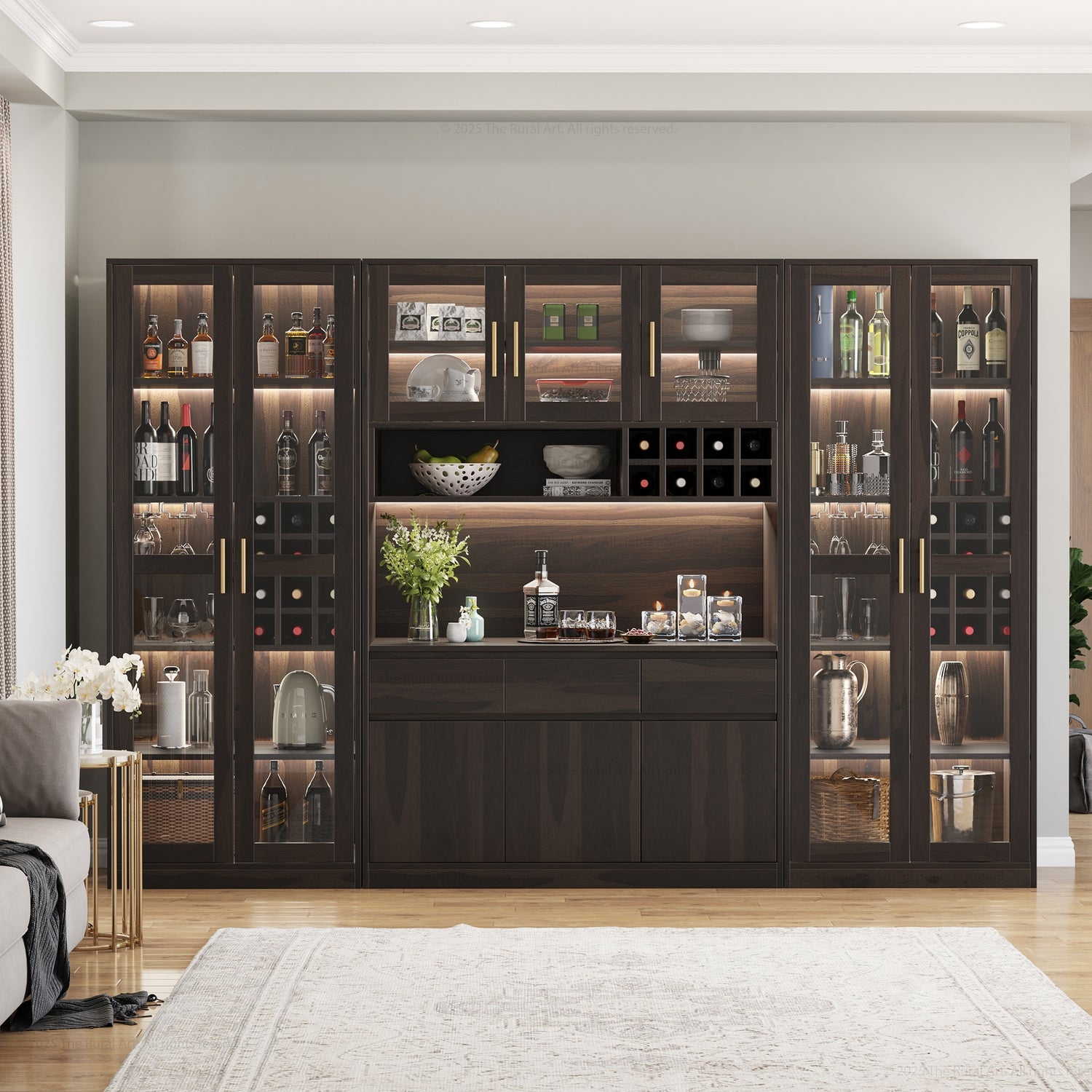 Wall Bar Cabinet Espresso with Wine Rack Cubbies