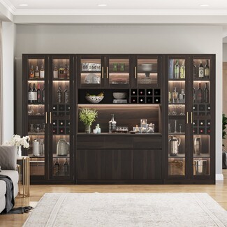Wall Bar Cabinet Espresso with Wine Rack Cubbies