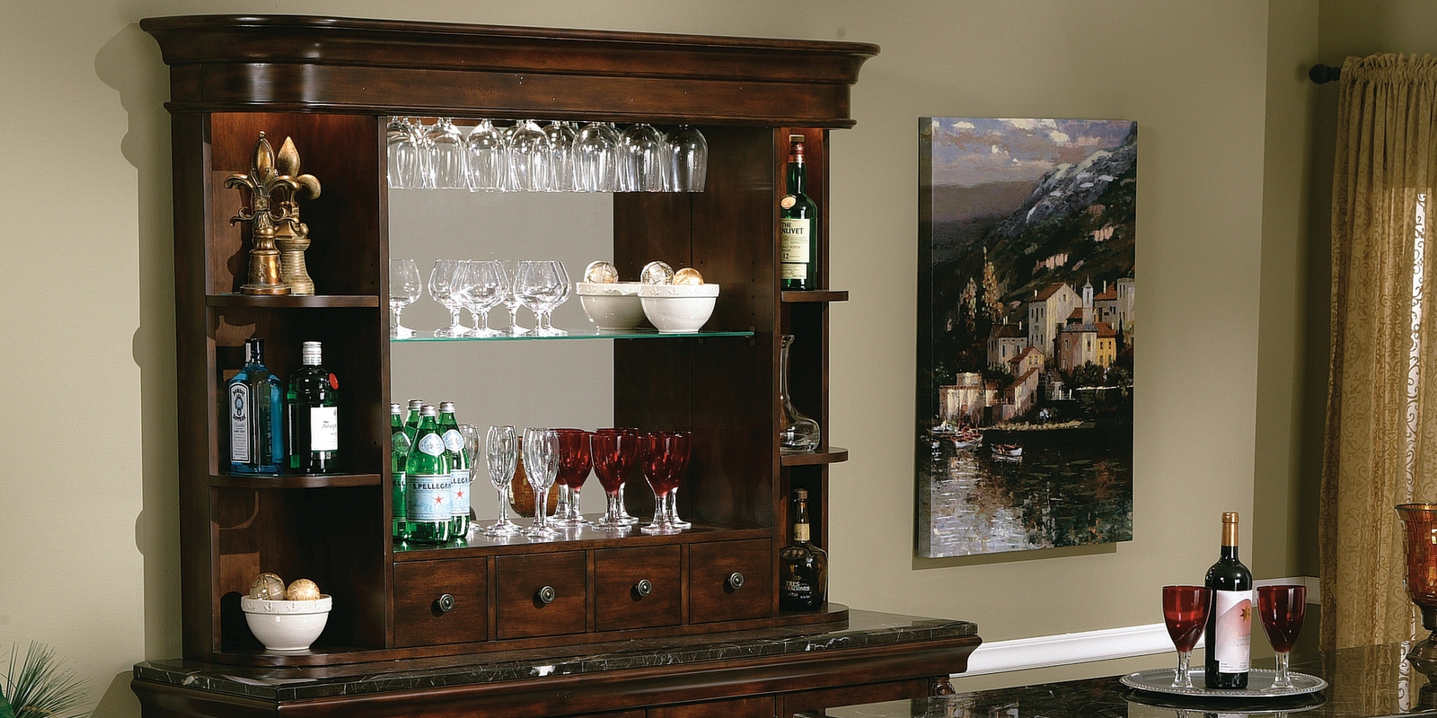 Wall Bar Cabinet: Mirrored Back Espresso Wall Bar Hutch