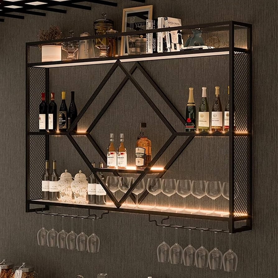 Wall Bar Shelf: Diamond Geometric Frame and LED Lighting