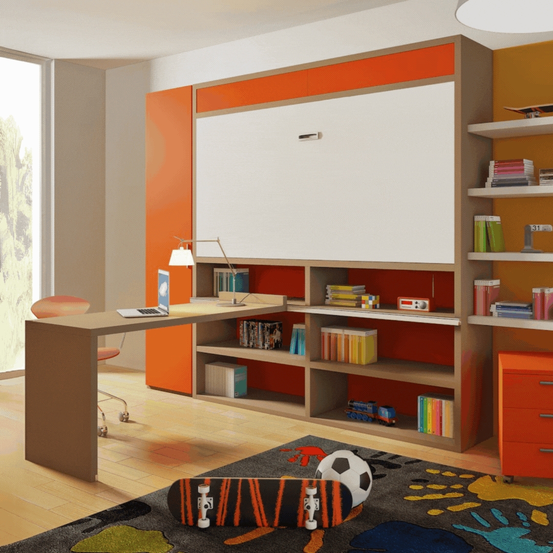 Wall Bed with Orange Accents and Orange Wall Bed Desk