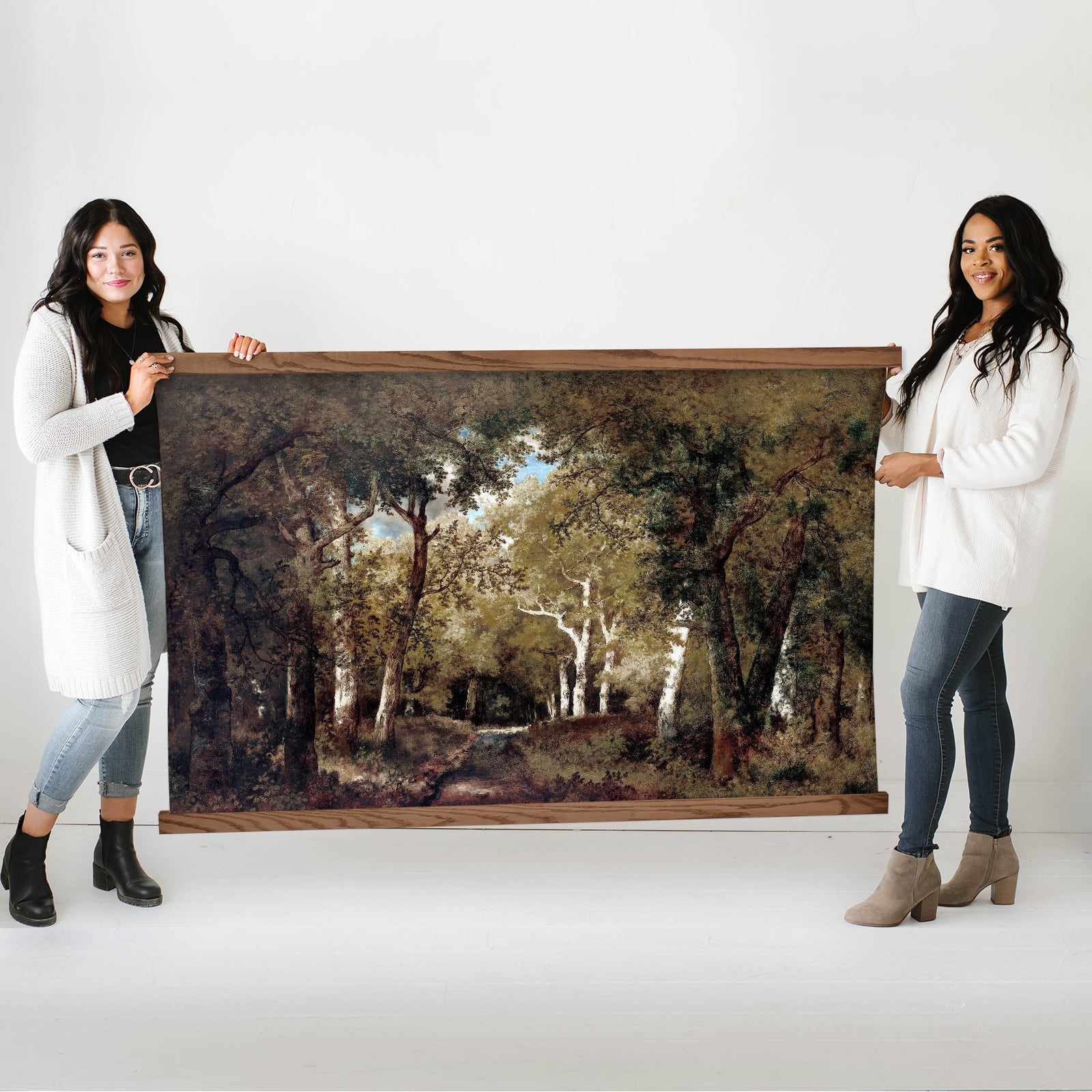 Wall Canvas: Moody Forest Scene with Wooden Scroll Hangers