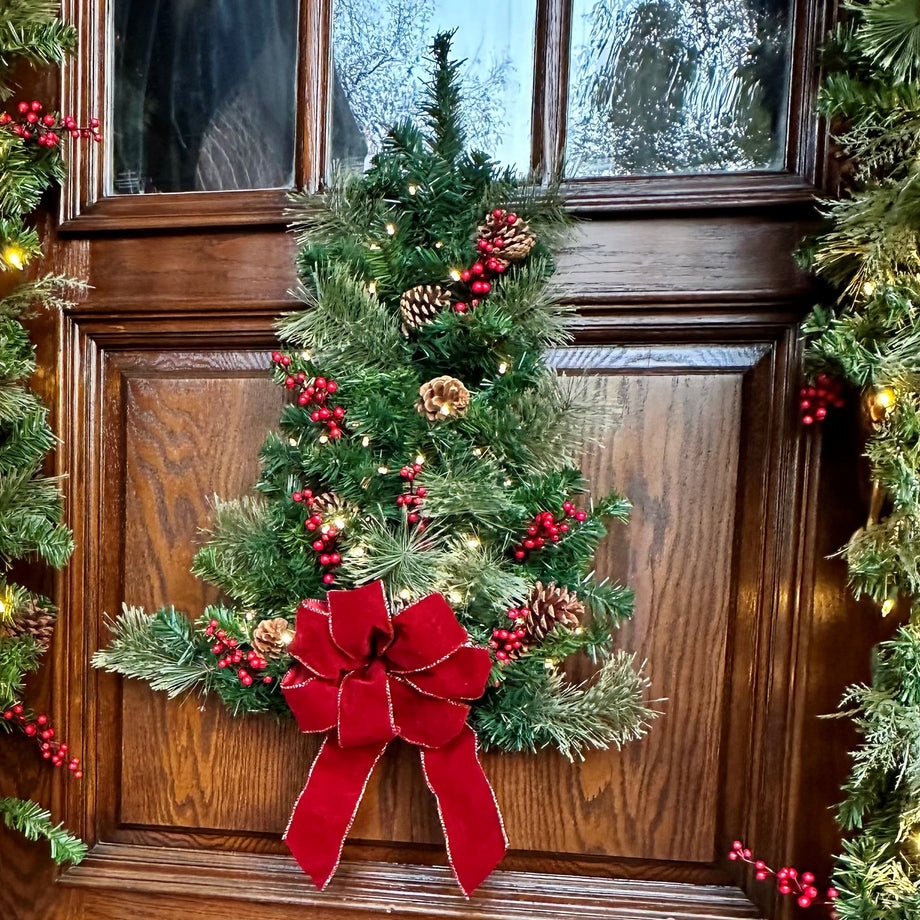 Wall Christmas Tree Red Bow and Natural Pinecone Accents