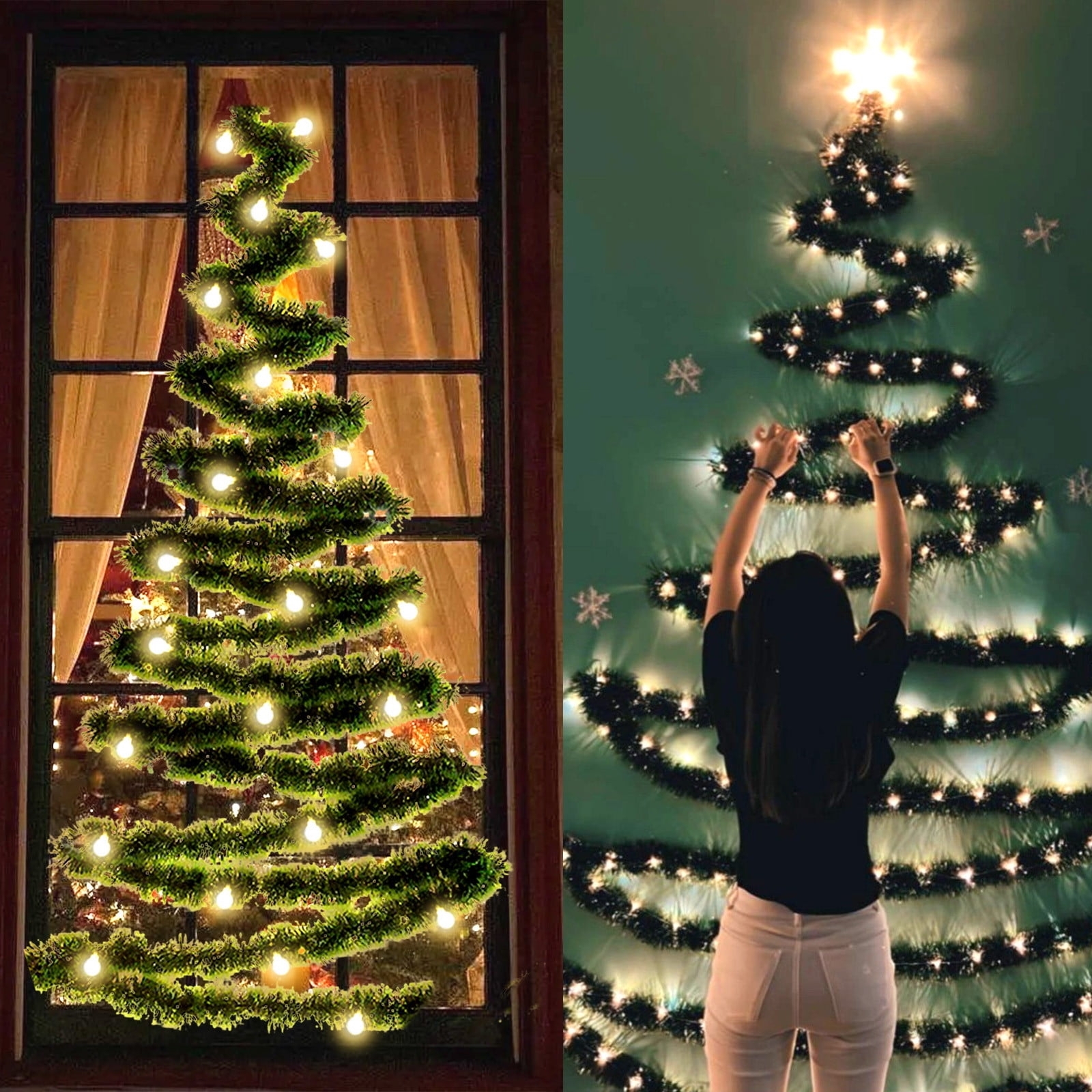 Wall Christmas Tree Tinsel Zigzag Pattern and LED Lights