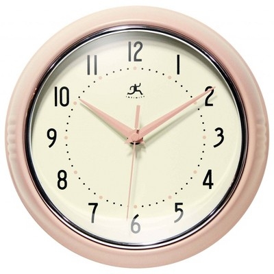 Wall Clock Rose Blush Metal Chrome Bezel Retro Pink Kitchen Clock