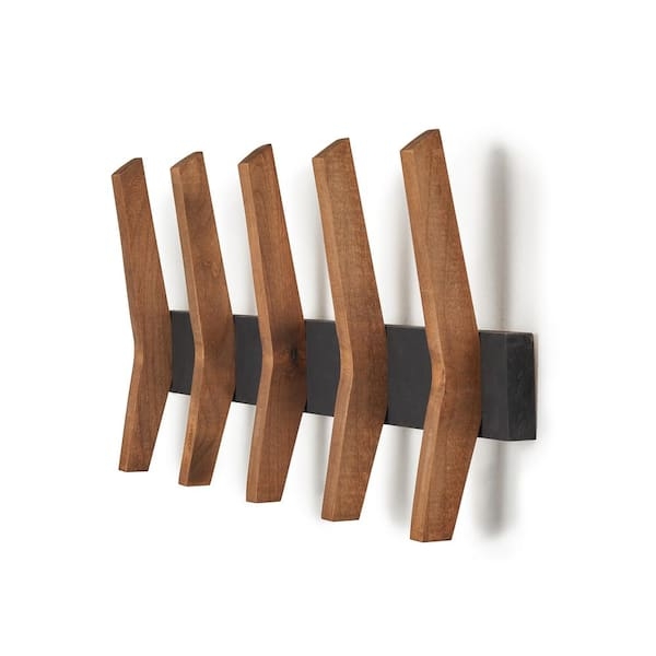 Wall Coat Rack Matte Black Angled Hooks Wood Storage