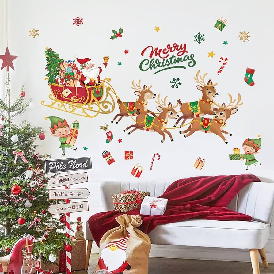 Wall Decals Festive Santa and Reindeer Wall Stickers Sleigh