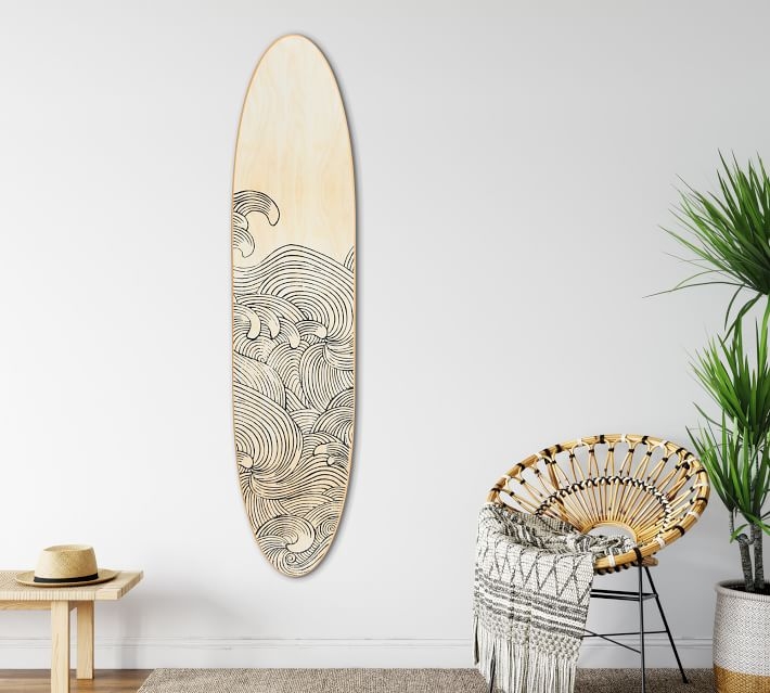 Wall Decor Surfboard Silhouette Wood Toned Wave Graphic