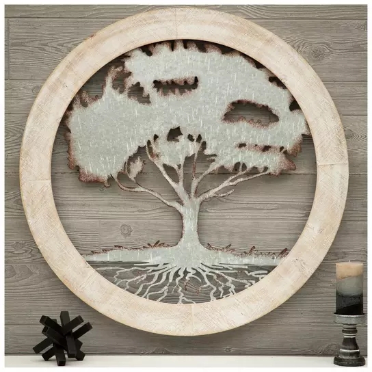 Wall Decor: Tree of Life Round Wood Frame Galvanized Metal Insert