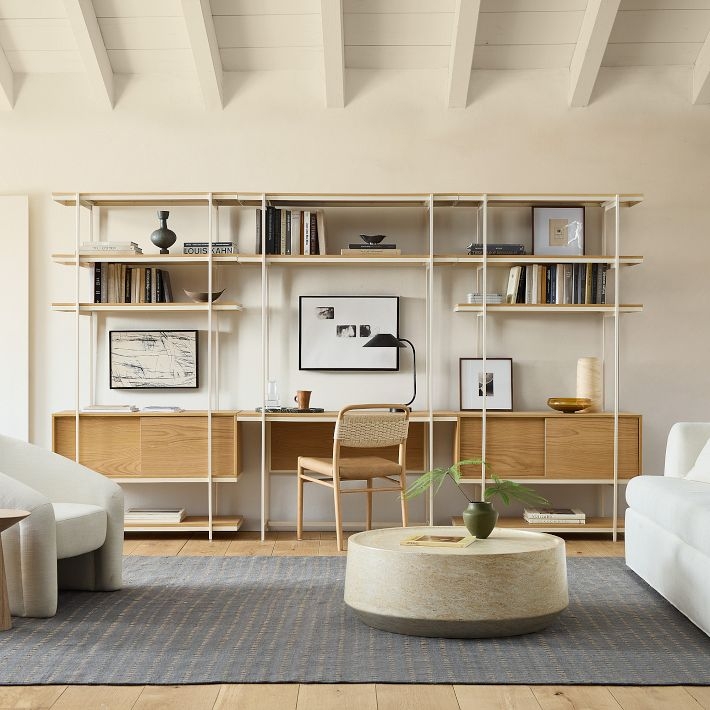 Wall Desk Unit in Blonde Wood Finish with Modular Shelving