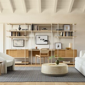 Wall Desk Unit in Blonde Wood Finish with Modular Shelving