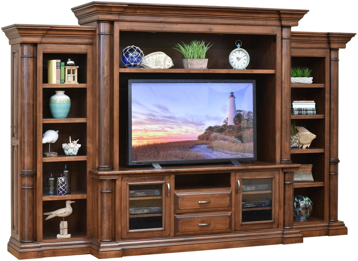 Wall Entertainment Center Fluted Pilasters Honey Wood