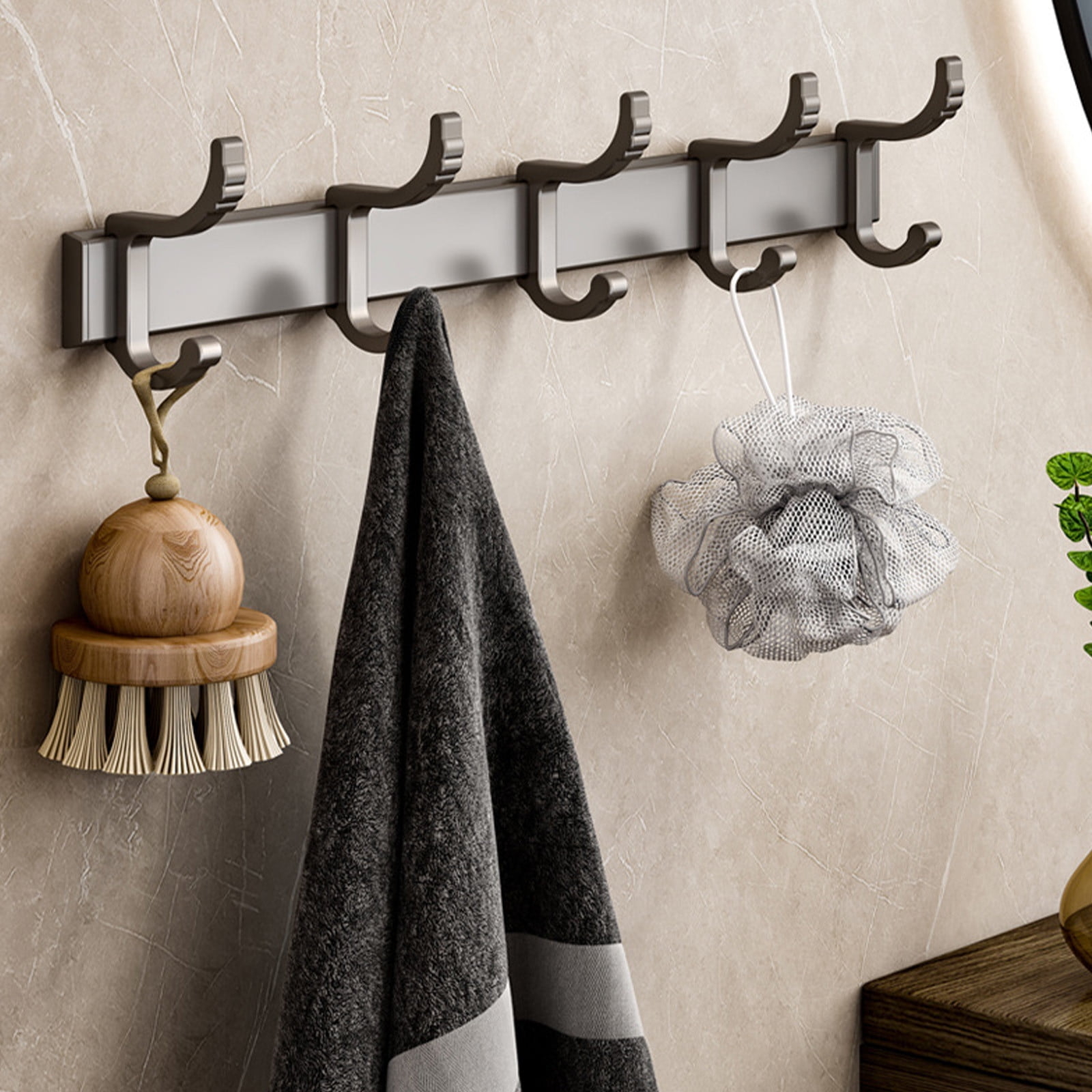 Wall Hook Rack in Matte Grey Finish with Double Prong Hook Rail