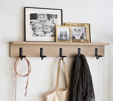 Wall Hook Rack with Top Ledge and Light Wood Matte Black Finish