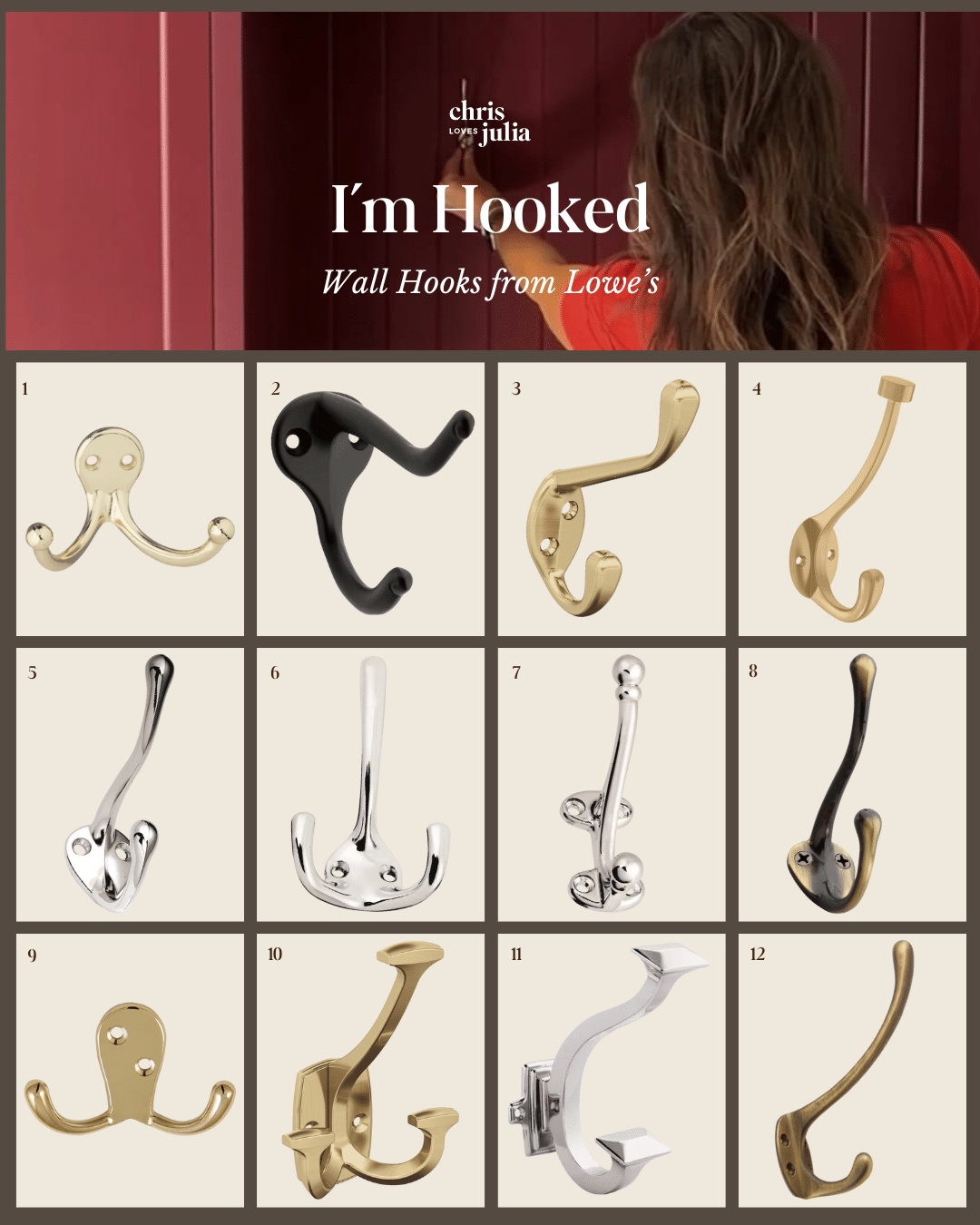 Wall Hook Set in Metallic Variety for Traditional Entry Organization