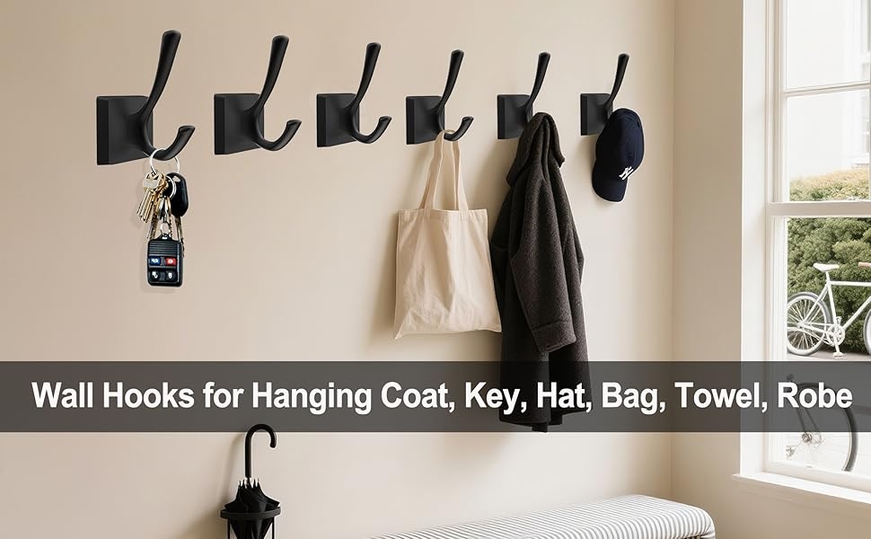 Wall Hook with Square Mounting Base and Matte Black Dual Prong Design