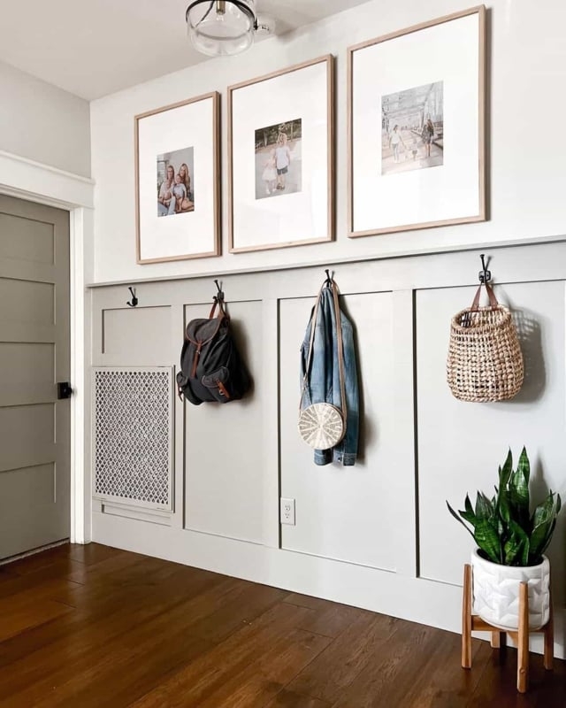 Wall Hooks on Board and Batten Wall with Oversized Matted Frames