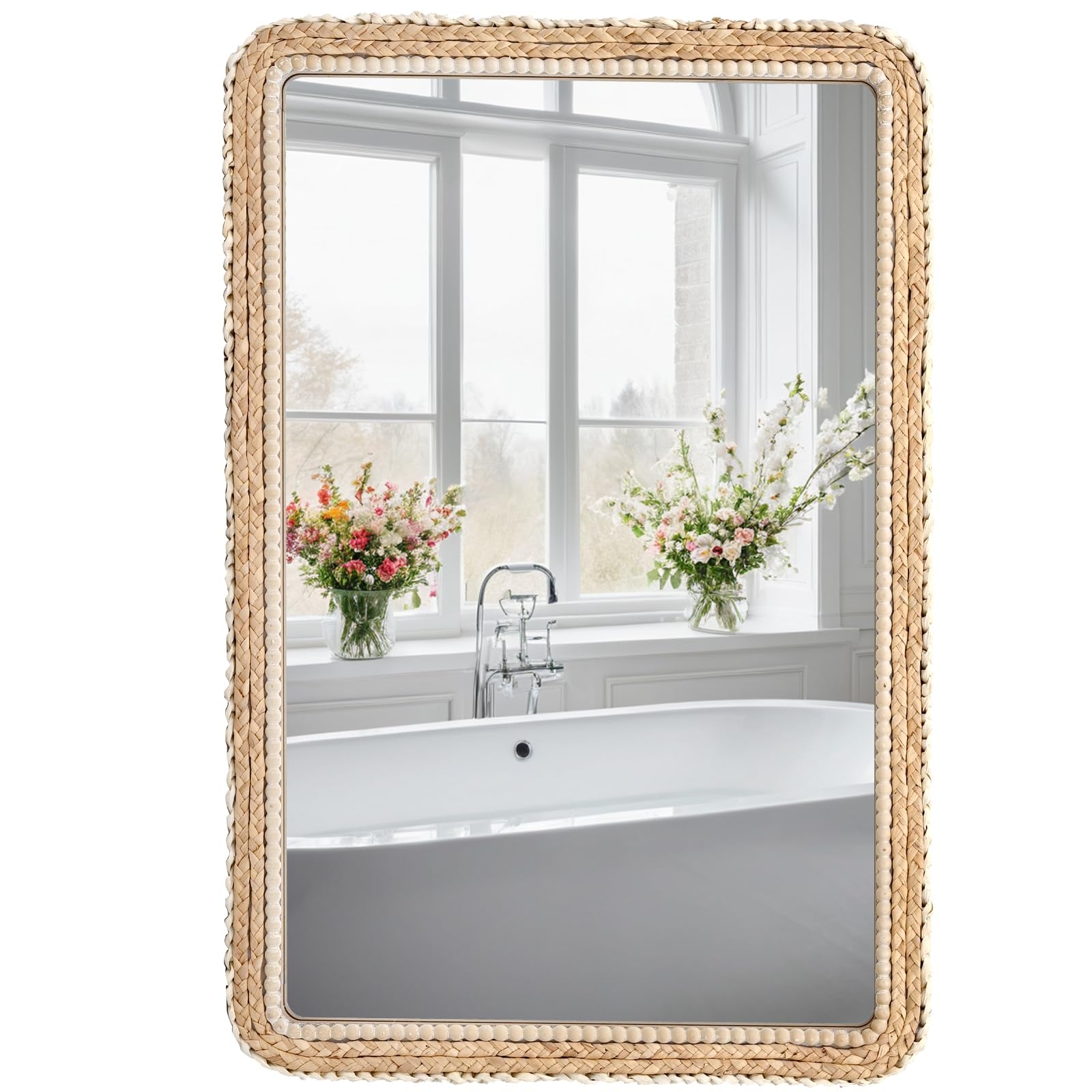 Wall Mirror: Braided Seagrass with Wood Bead Border