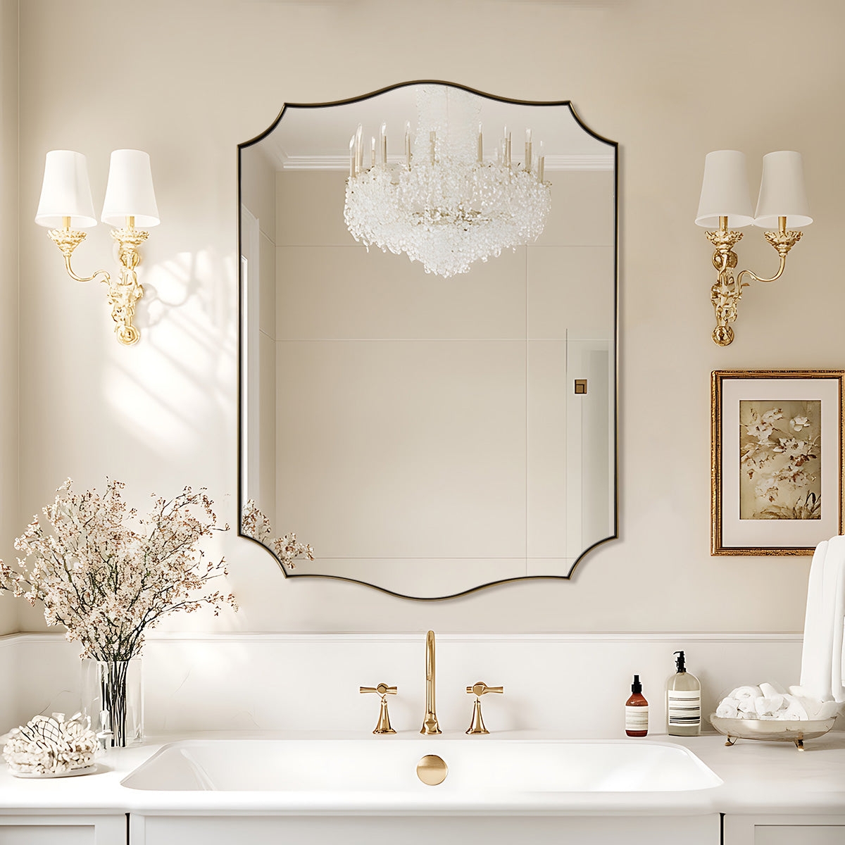 Wall Mirror: Champagne Gold Thin Frame Scalloped Rectangle