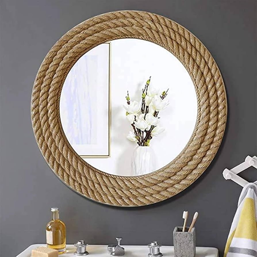 Wall Mirror Featuring Braided Rope Frame and Thick Fiber Border