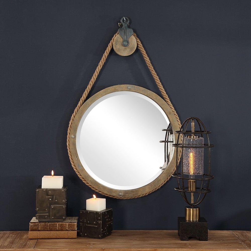 Wall Mirror Featuring Rope Suspension and Industrial Pulley Mount