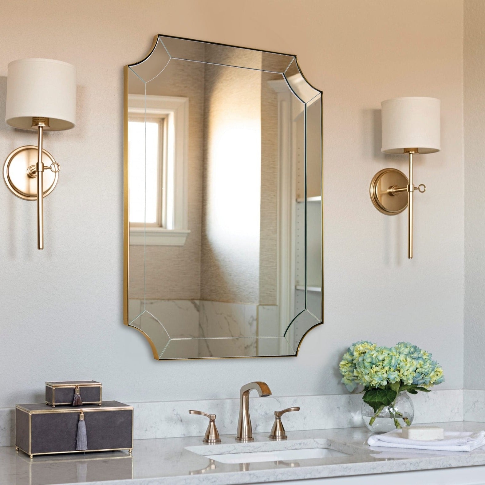 Wall Mirror Featuring Scalloped Corners Beveled Glass