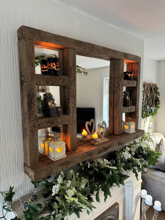 Wall Mirror Rustic Wood Frame Chunky Farmhouse Storage