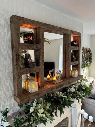 Wall Mirror Rustic Wood Frame Chunky Farmhouse Storage