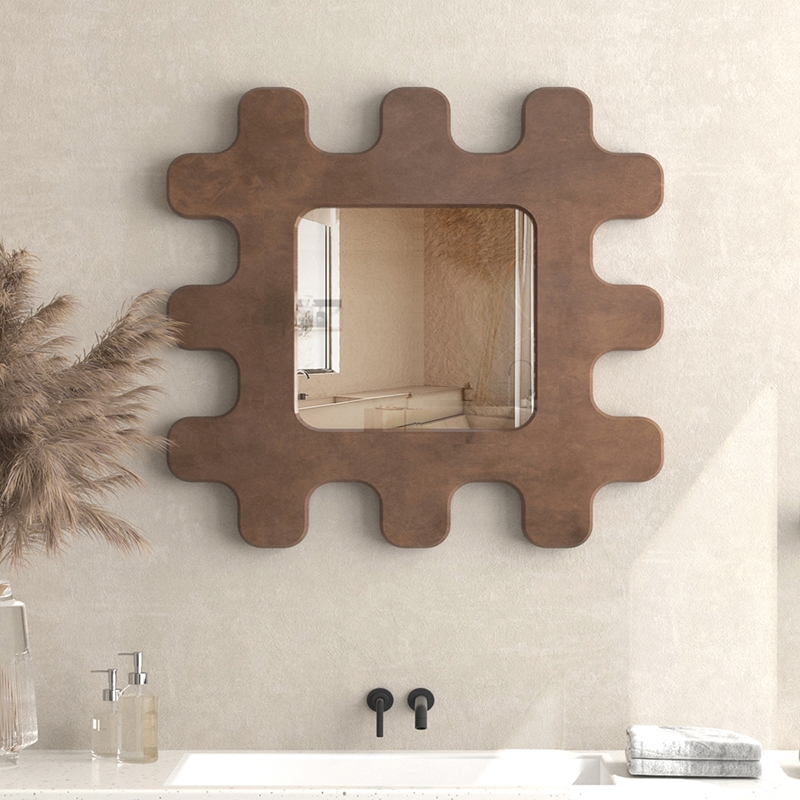 Wall Mirror: Scalloped Frame Wavy Edges Walnut Wood Toned