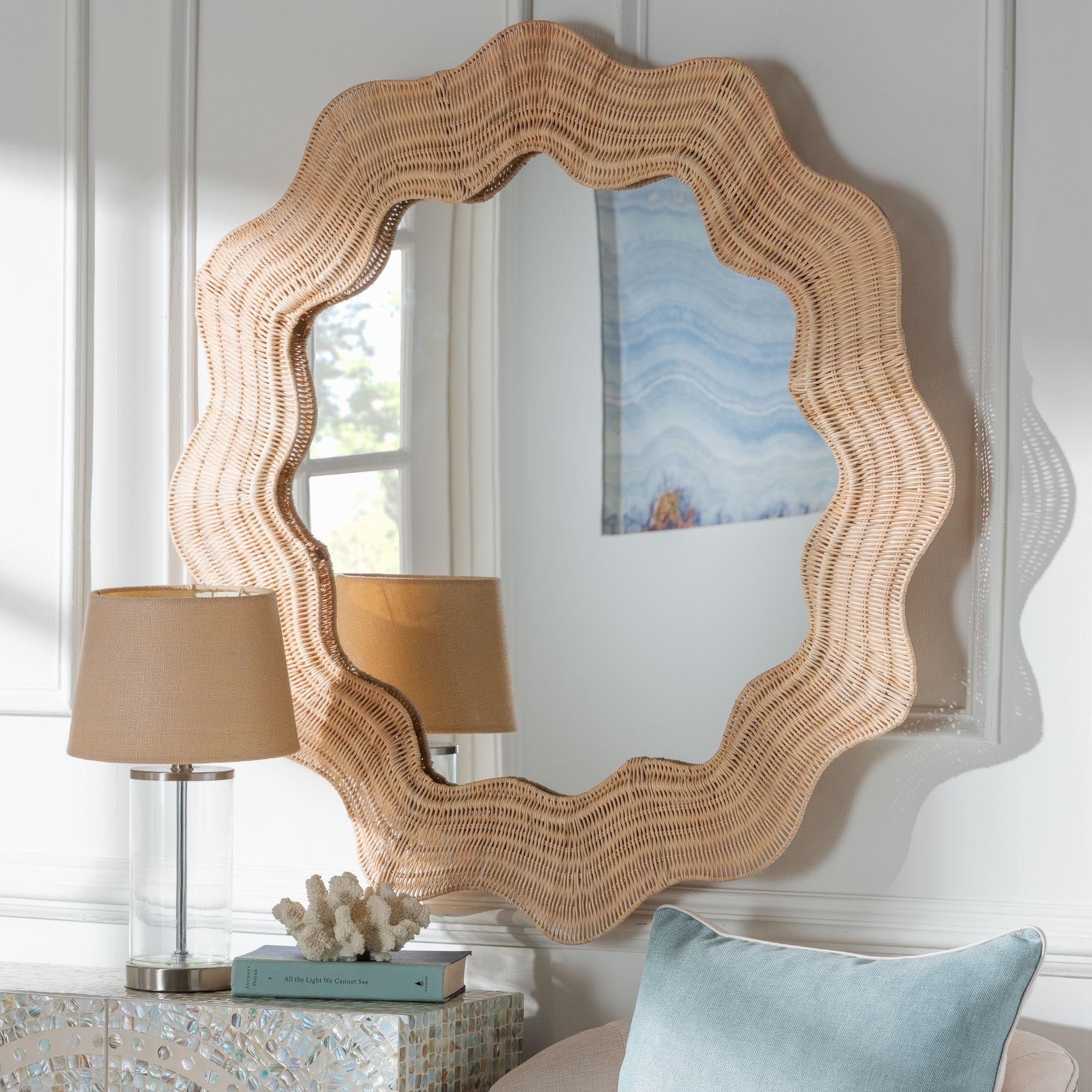 Wall Mirror: Scalloped Woven Texture Rattan Coastal
