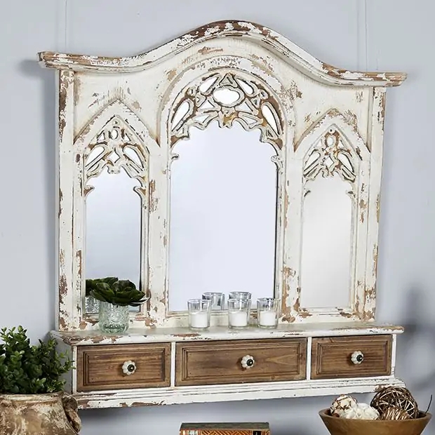 Wall Mirror Shelf Gothic Cathedral Window Drawers