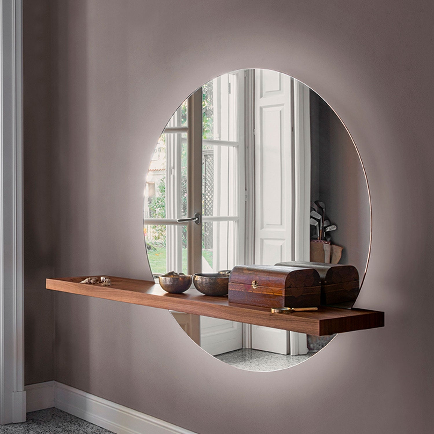 Wall Mirror Shelf Walnut Bisecting Design Backlit
