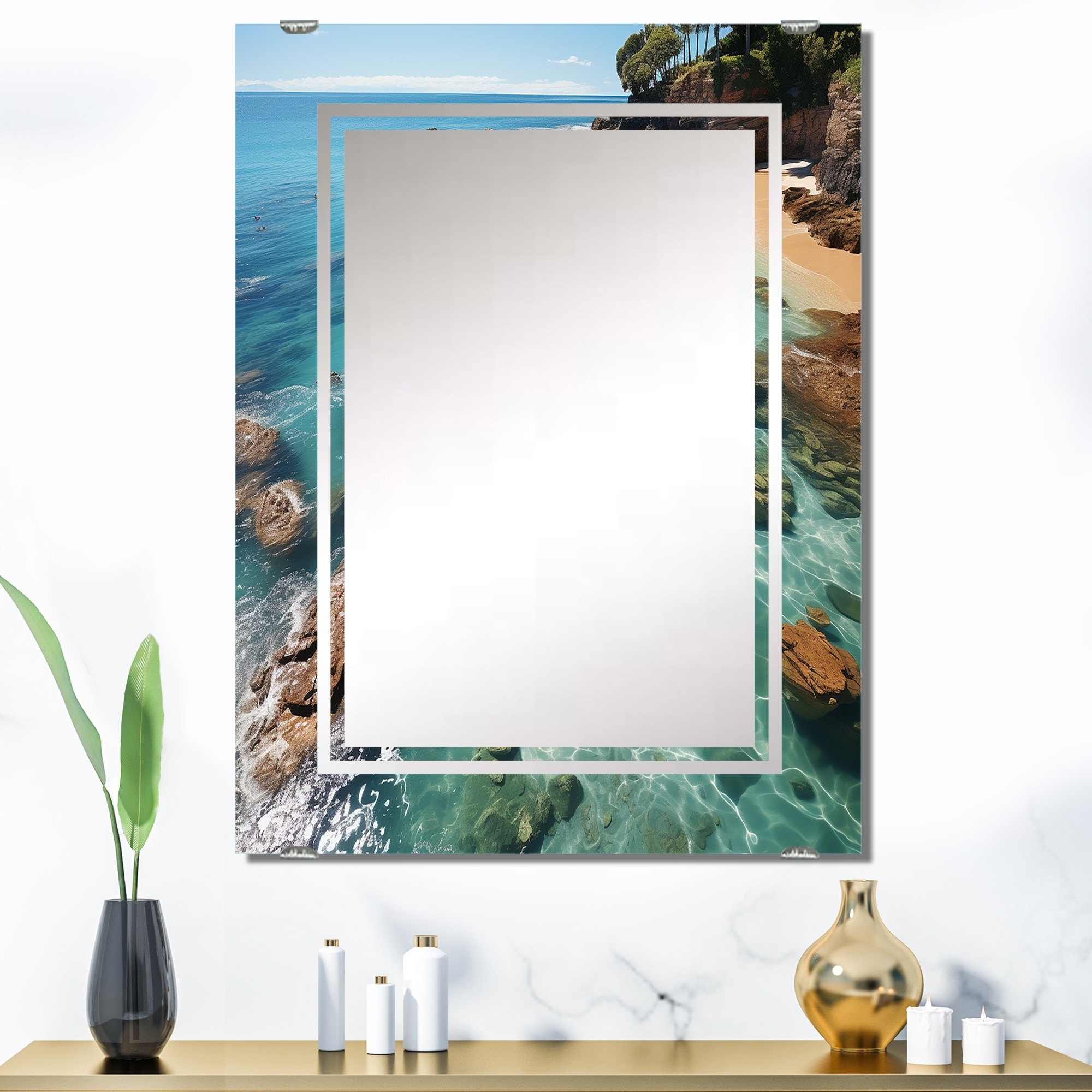 Wall Mirror with Aerial Beach Print and Frameless Glass Design