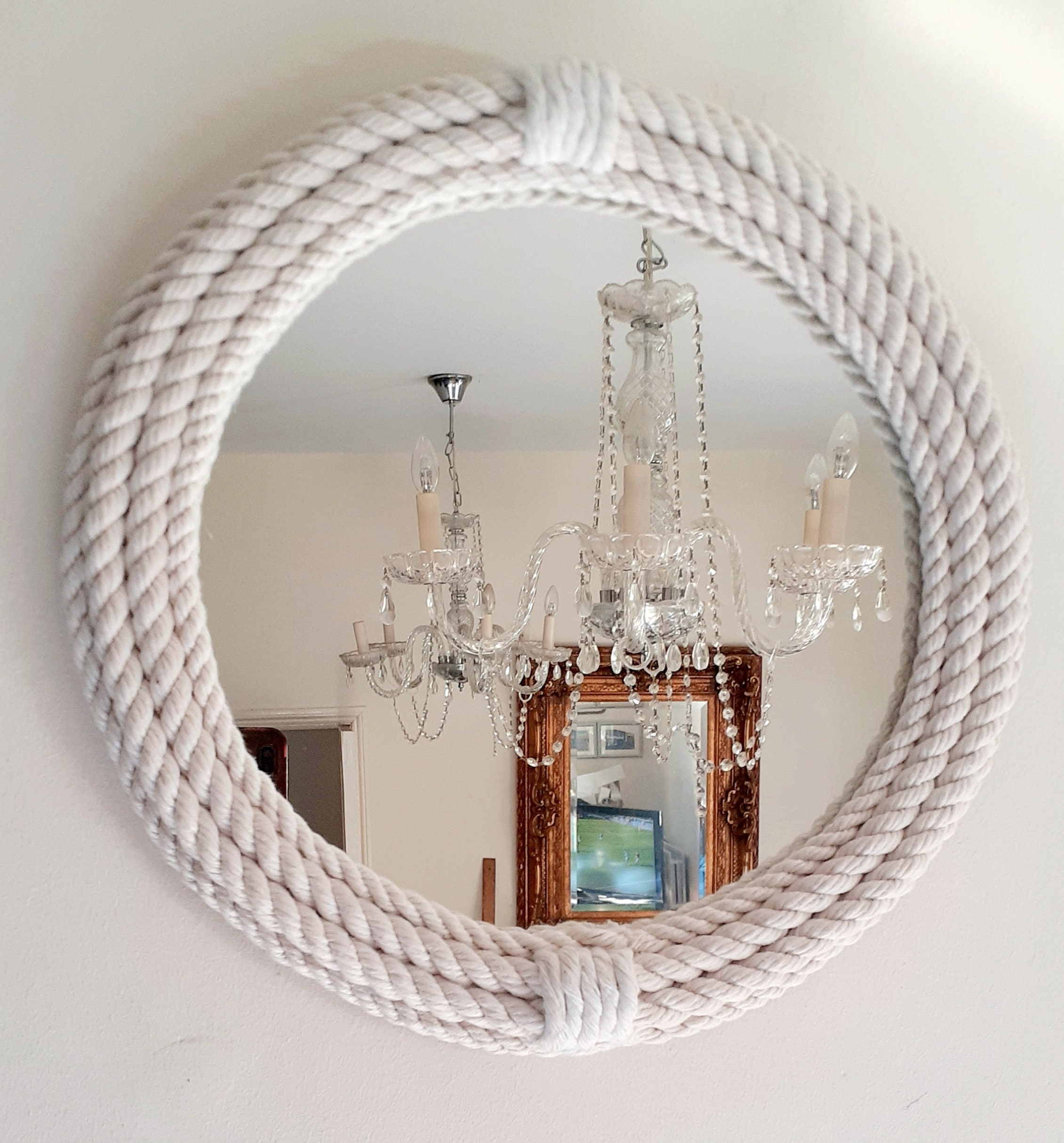Wall Mirror with Coiled Rope Frame and Vertical Rope Binding