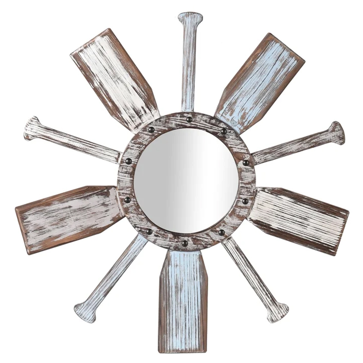 Wall Mirror with Radiating Oars and Distressed Whitewash Finish