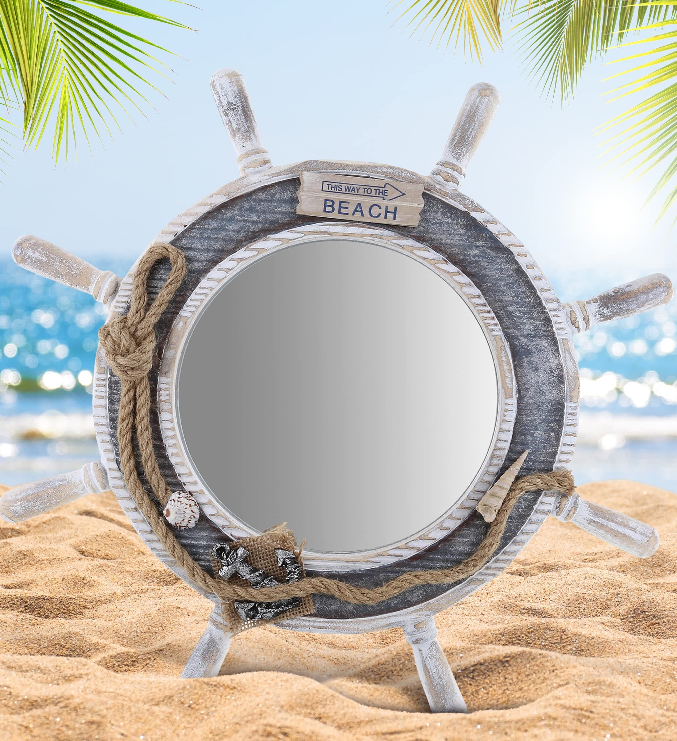 Wall Mirror with Rope Wrapped Rim and Ship Wheel Silhouette