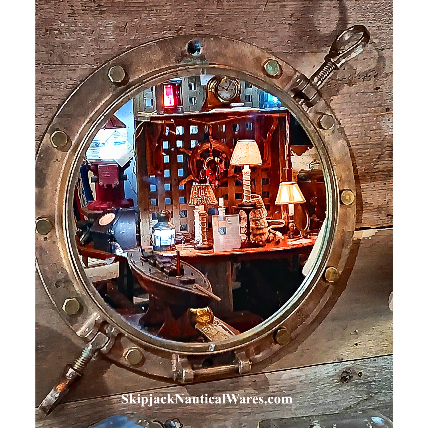 Wall Mirror with WWII Brass Porthole and Wingnut Fasteners