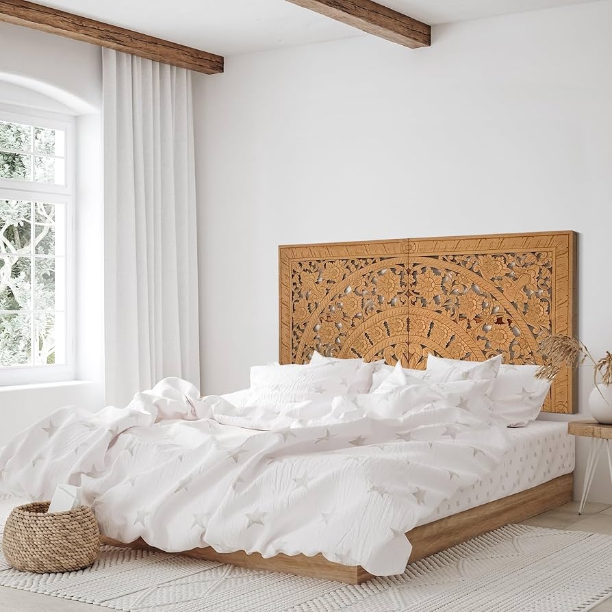 Wall Mount Headboard in Honey Oak Boho Bedroom Style