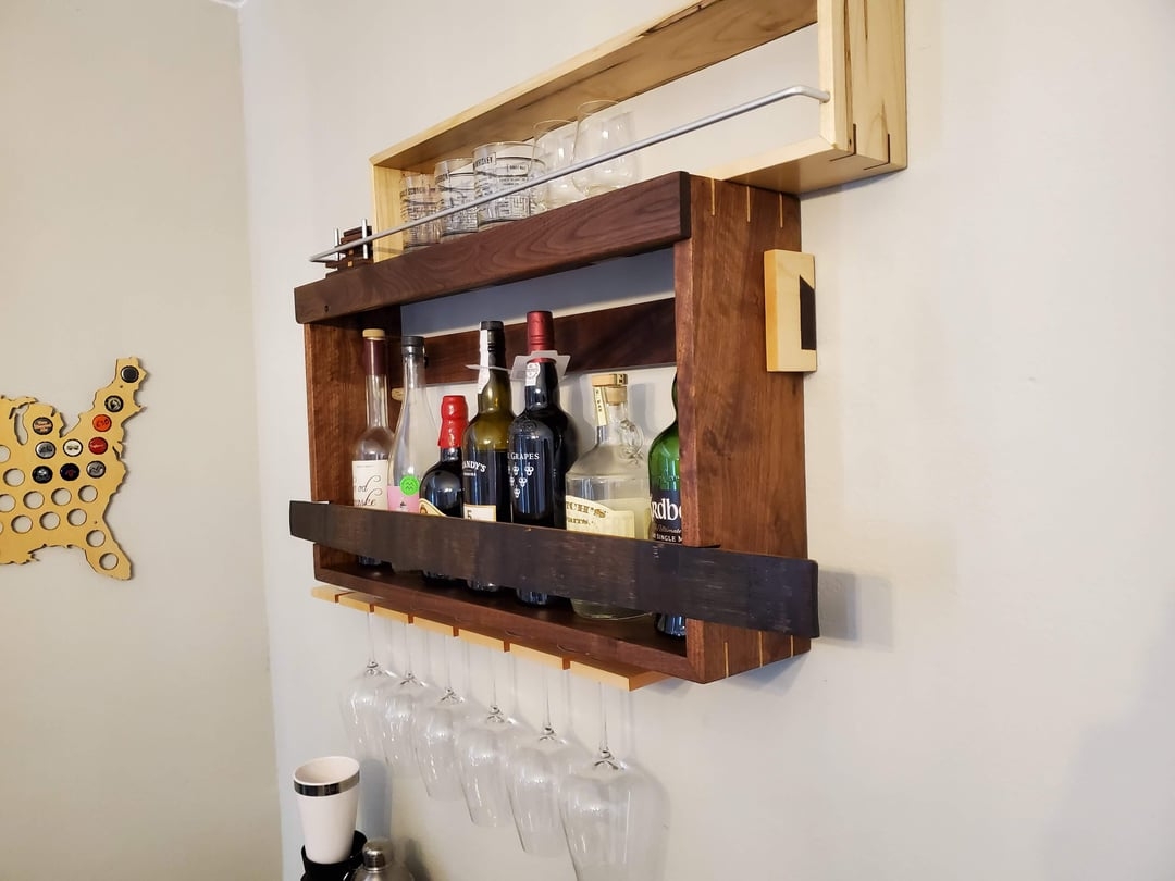 Wall Mounted Bar: Barrel Stave Rail with Two Tone Wood