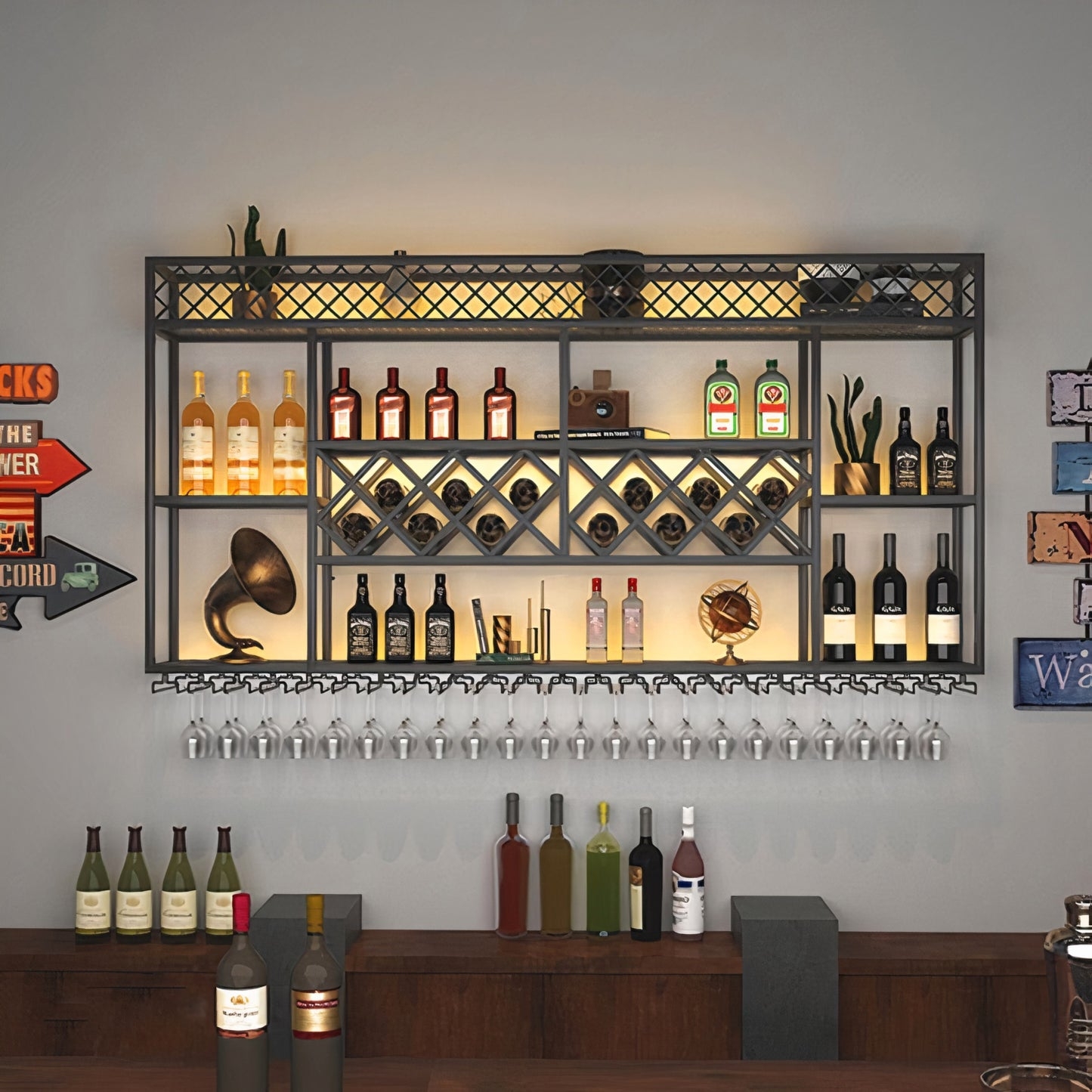 Wall Mounted Bar: Metal Lattice Detail with Diamond Storage