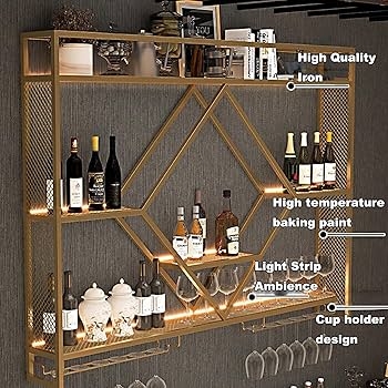 Wall Mounted Bar Rack with Diamond Geometric Frame and LED Bar Shelf