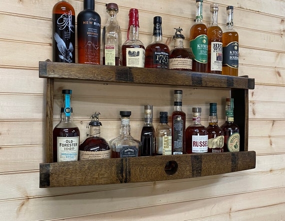 Wall Mounted Bar Shelf: Barrel Stave Bar Shelf with Wood Finish