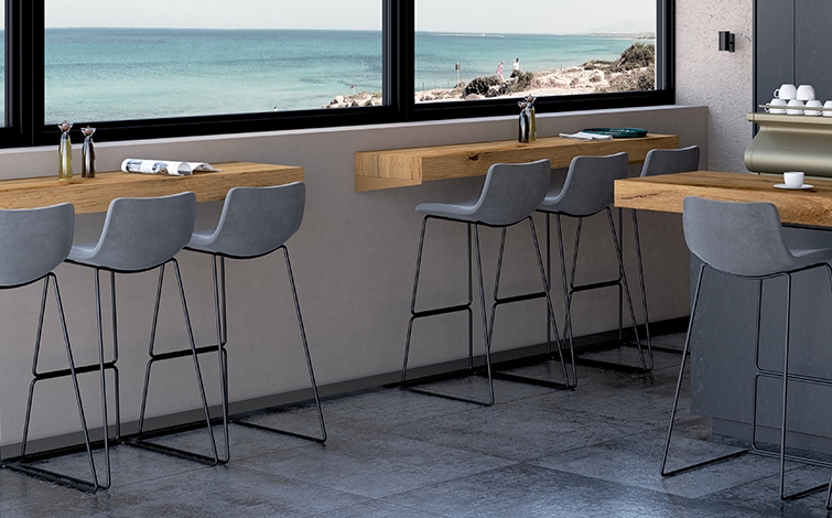 Wall Mounted Bar Table: Thick Slab and Wireframe Stools