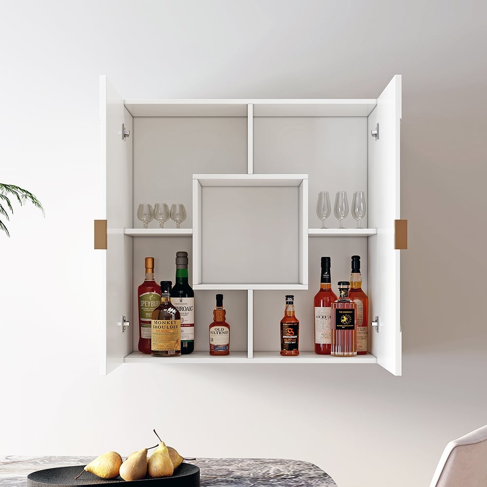 Wall Mounted Cabinet: Matte White Geometric Wall Bar Storage