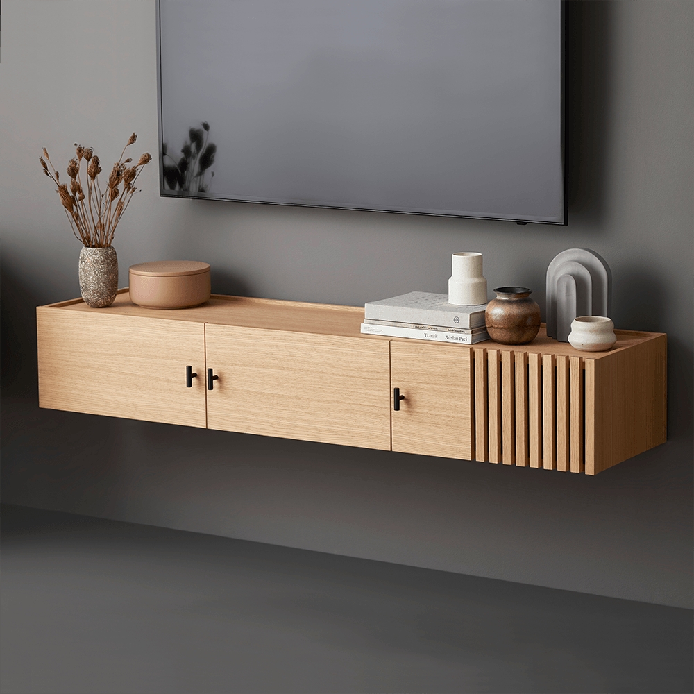 Wall Mounted Console Slatted Wood Cabinet Natural Oak