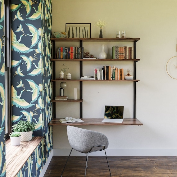 Wall Mounted Desk with Crane Wallpaper for Mid-Century Nooks