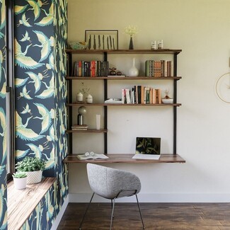 Wall Mounted Desk with Crane Wallpaper for Mid-Century Nooks